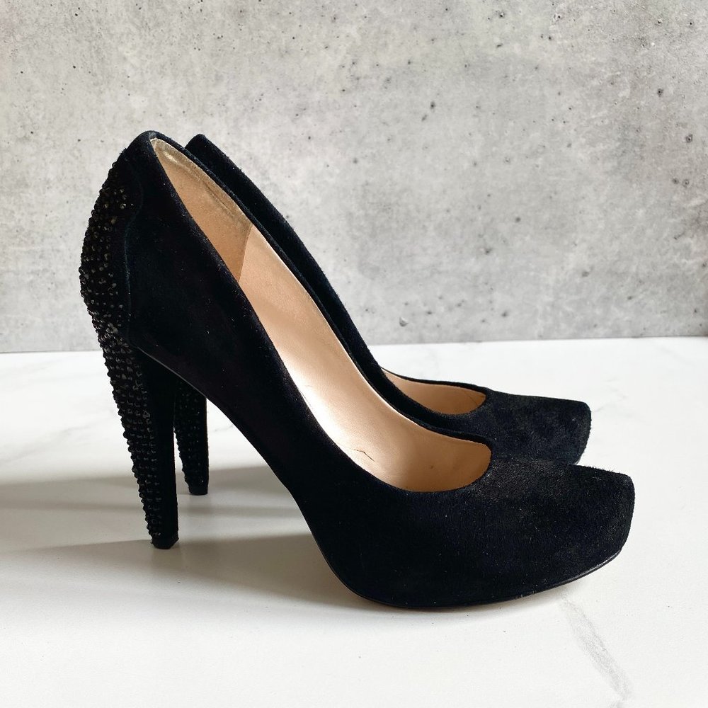 Sueded pump heels with encrusted heels